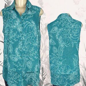 Roaman's 14W Teal Green Floral Button Down Collar Tier Hemline Sleeveless Blouse